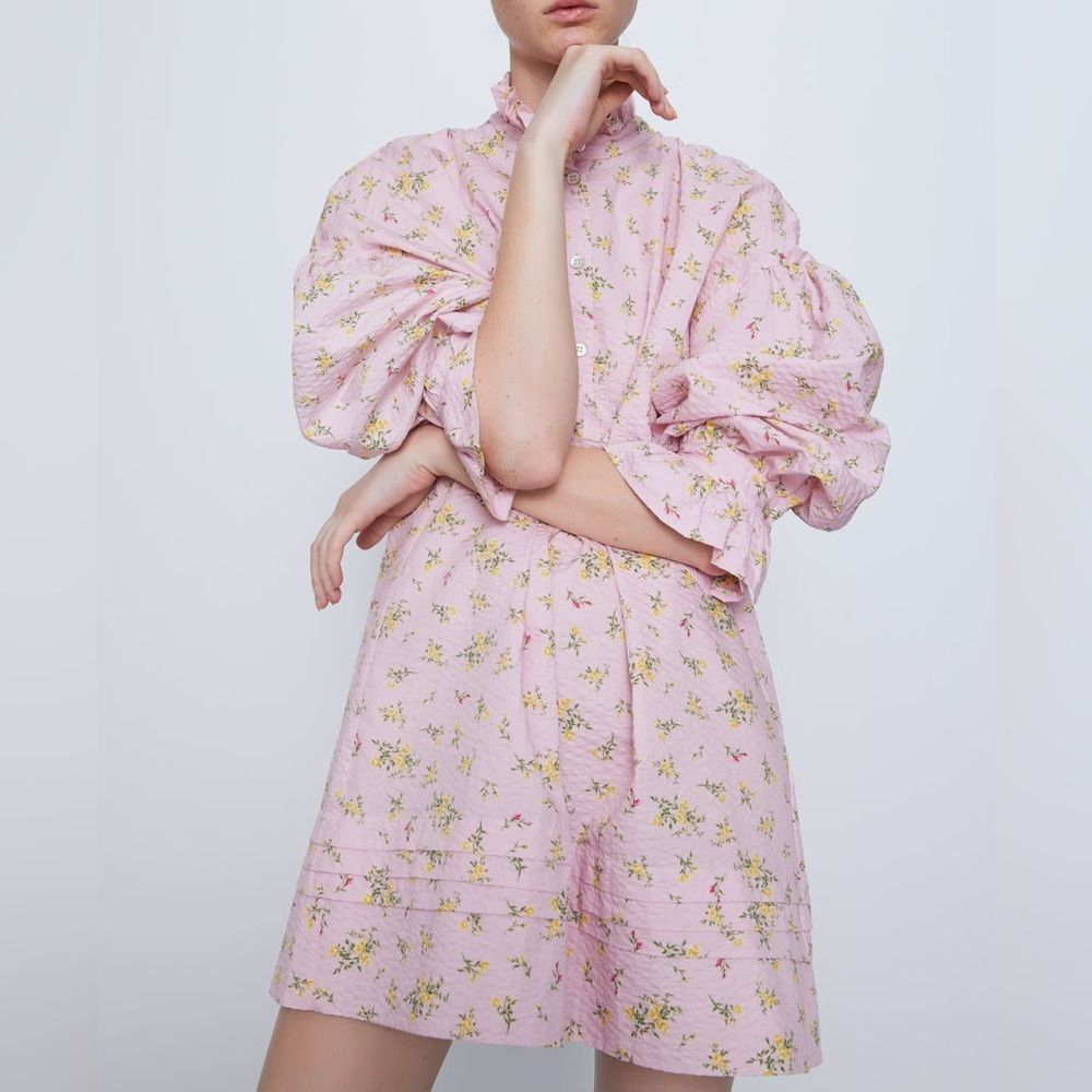 Zara Women's Pink Floral High Neck Cotton Long Sleeve Mini Shift Dress